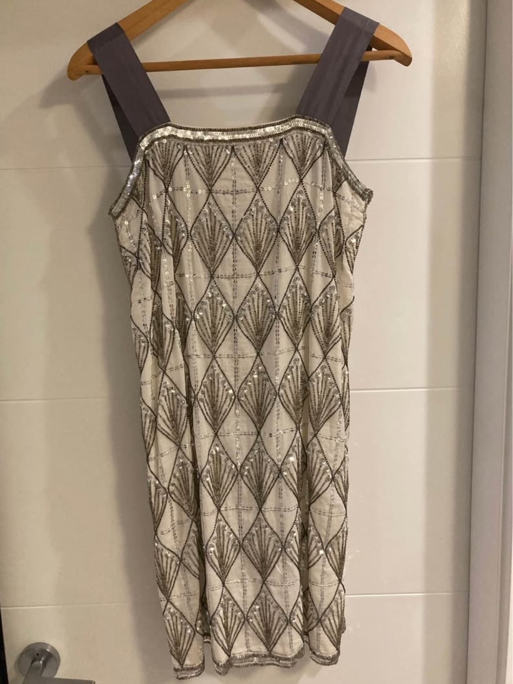 Alberta Ferretti Sequined Ivory and Silver Art Deco Cocktail Dress